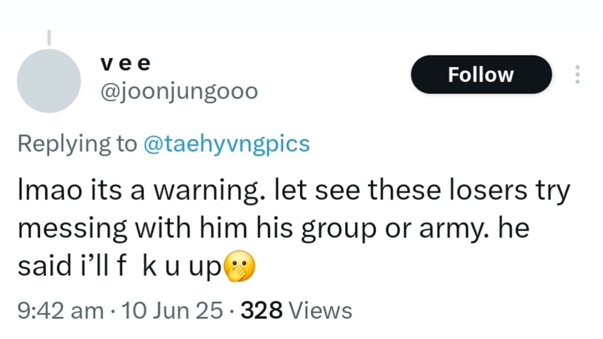 A fan reacted to BTS' V's MBTI (Image via X@/@joonjungooo)